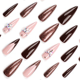 VIBEFICANT GLAZE Pink & Chocolate Blend Glitter French Tip Sparkly Rhinestone Medium Almond Press-On Nails